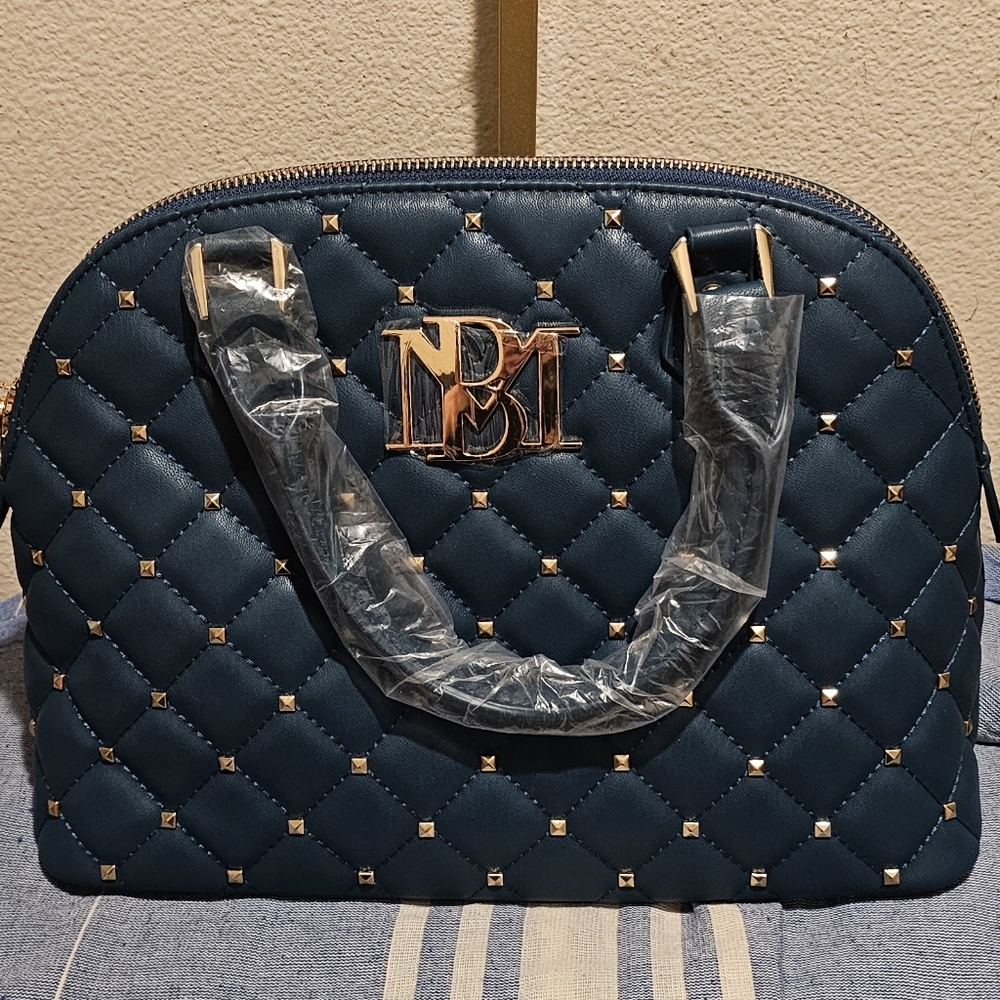 Badgley Mischka Navy Quilted Satchel with Gold Hardware - Picture 3 of 3